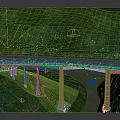 Elevated Bridge With Evening Lights Over River In Green Mountain Forest With Concrete Piers