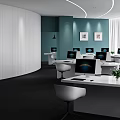 Bright Public Office Space With Multiple Computers White Chairs Natural Light From Windows And Plants
