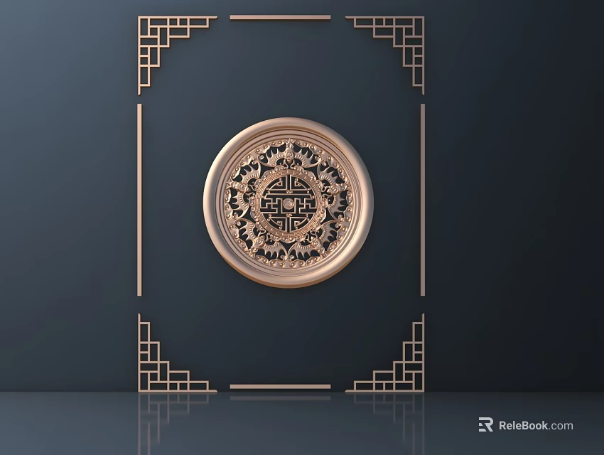 Intricate Circular Carving With Geometric Border And Golden Finish On Dark Background 3d model 