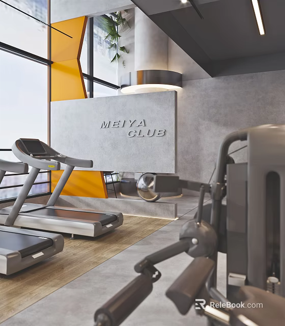 Modern MEIYA CLUB Fitness Center Interior With Treadmills And Workout Equipment 3d model 
