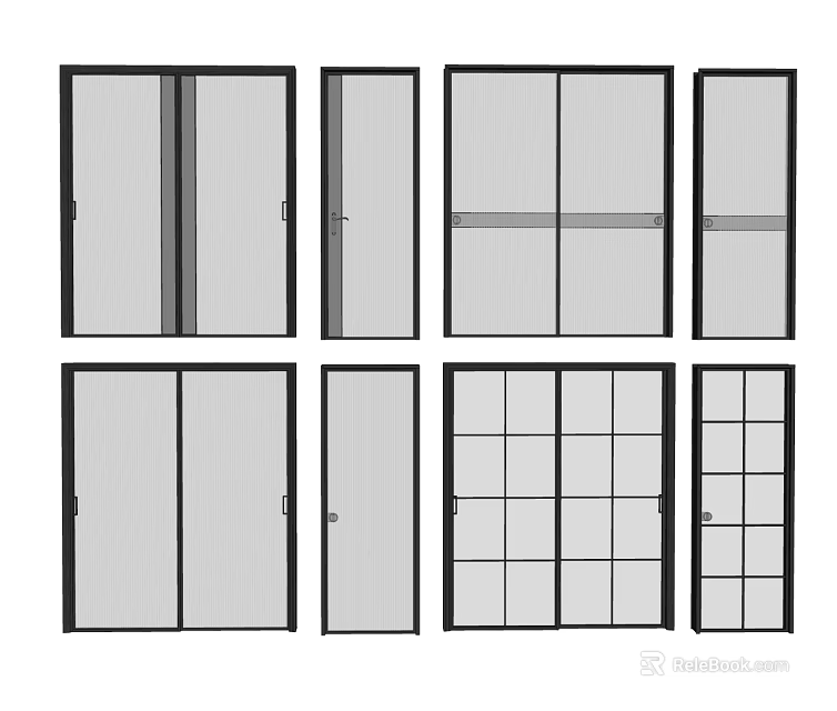Various Sliding Door Designs With Grid Patterns And Glass Panels 3d model