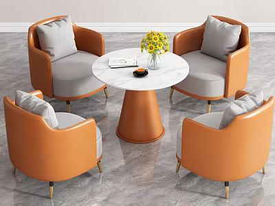 Orange Sofa and Coffee Table Set with Gray Cushions Round Marble Top and Yellow Flowers 3d model