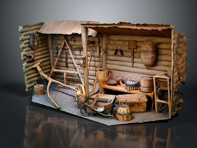 Cartoon Scene of Wooden Shed Interior with Tools Hanging Baskets Ladder and Wooden Buckets 3d model