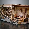 Cartoon Scene of Wooden Shed Interior with Tools Hanging Baskets Ladder and Wooden Buckets