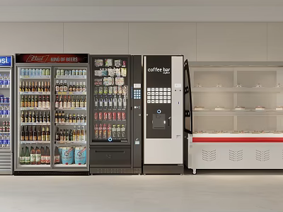 Commercial Refrigerators And Freezers With Beverage Coffee Bar And Display Shelves 3d model