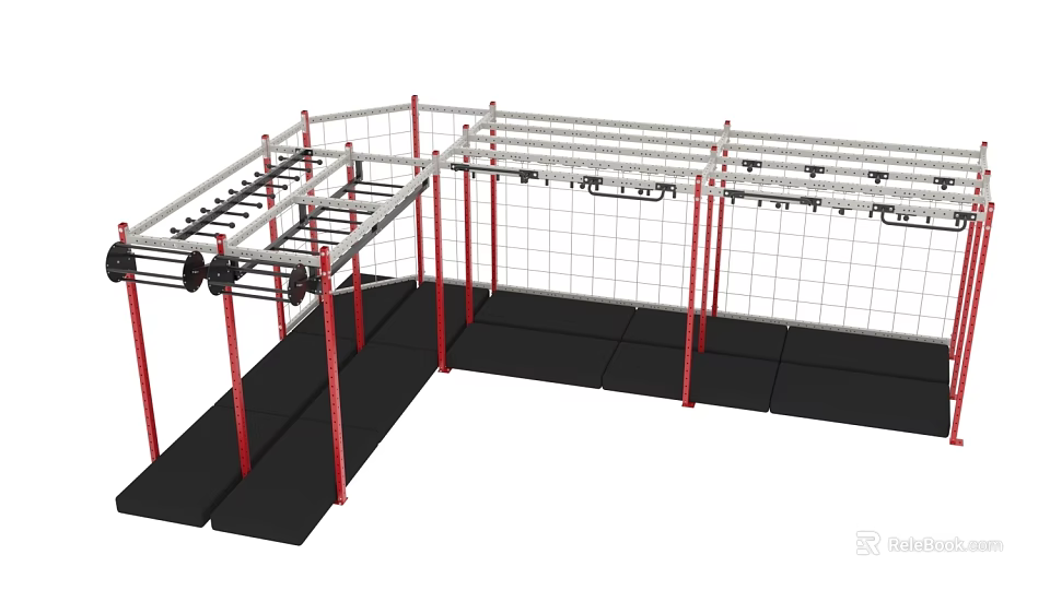 Multifunctional Fitness Training Rig With Red White Frame Climbing Net And Black Mats 3d model 