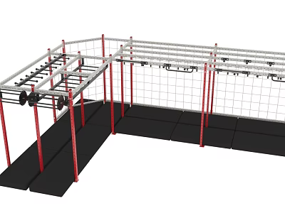 Multifunctional Fitness Training Rig With Red White Frame Climbing Net And Black Mats 3d model