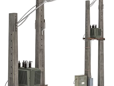 Concrete Utility Poles With Electrical Transformers And Power Cables Outdoor 3d model