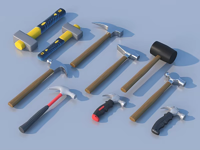 Hardware Tools Collection Featuring Various Hammers With Wooden And Colored Handles 3d model