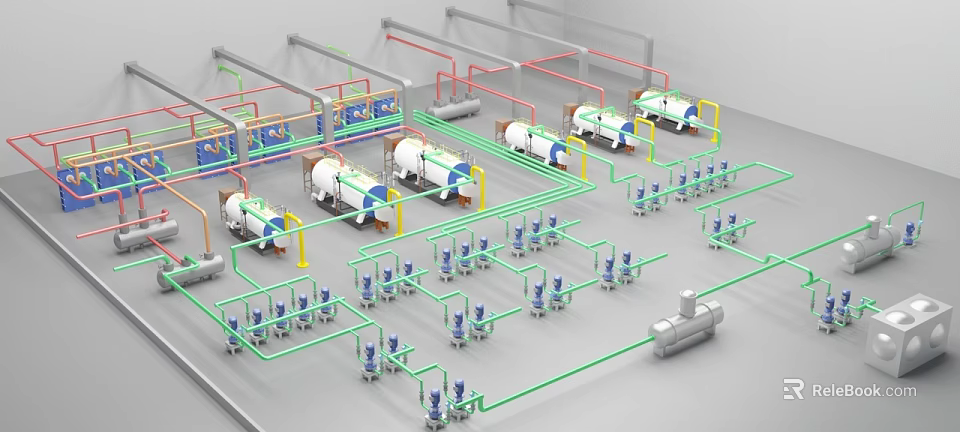 Industrial Equipment System Layout with Pipes Valves and Machinery in Factory Facility 3d model 