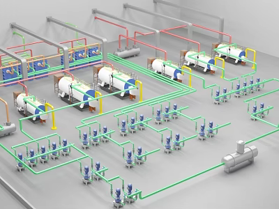 Industrial Equipment System Layout with Pipes Valves and Machinery in Factory Facility 3d model