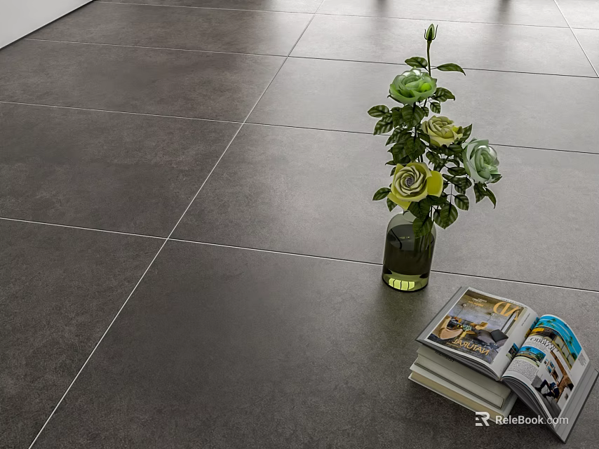 Gray Floor Tiles With Green Vase Flowers Open Magazine And Books On Interior Floor 3d model 
