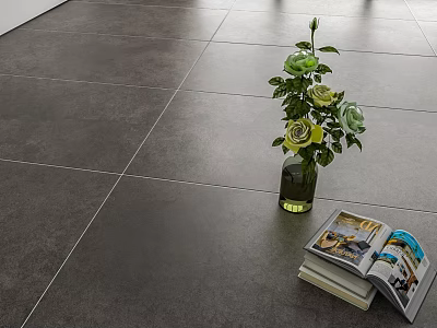 Gray Floor Tiles With Green Vase Flowers Open Magazine And Books On Interior Floor 3d model
