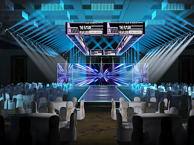 Glamorous Ballroom Interior With Stage Screens Bright Lighting And Organized Seating 3d model