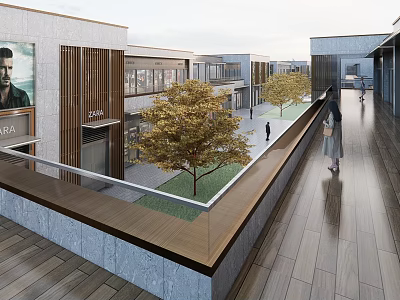 Open Air Modern Commercial Street With Trees People Walking Wooden Deck And Shops 3d model