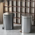 Public Facility Stainless Steel Foot Pedal Trash Bins With Wooden Grid Shelf Background