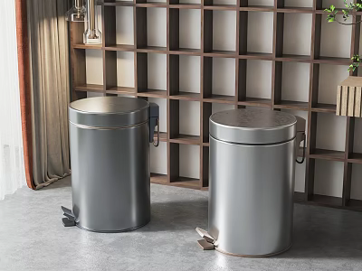 Public Facility Stainless Steel Foot Pedal Trash Bins With Wooden Grid Shelf Background 3d model