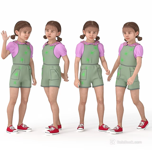 Girls In Green Overalls Pink Tops And Red Shoes Various Poses 3d model 