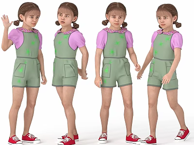 Girls In Green Overalls Pink Tops And Red Shoes Various Poses 3d model