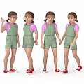 Girls In Green Overalls Pink Tops And Red Shoes Various Poses