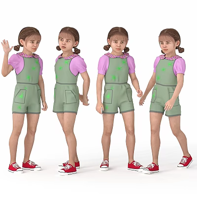 Girls In Green Overalls Pink Tops And Red Shoes Various Poses 3d model Girls In Green Overalls Pink Tops And Red Shoes Various Poses 3d model