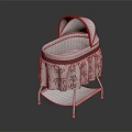 Modern Baby Cradle With White And Maroon Design Leaf Pattern Fabric And White Stand