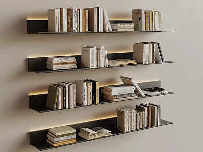 Modern Wall Mounted Bookshelf Design With Illuminated Layers And Stacked Books 3d model