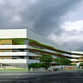 Modern Multi storey School Building With White Yellow Facade Green Roof Trees And Pedestrians Nearby