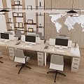Modern Office Desk Setup With Computers Gray Chairs World Map And Pendant Lights