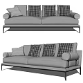 Light Gray Fabric Upholstered Two Seater Sofa With Plaid Cushions And Metal Legs