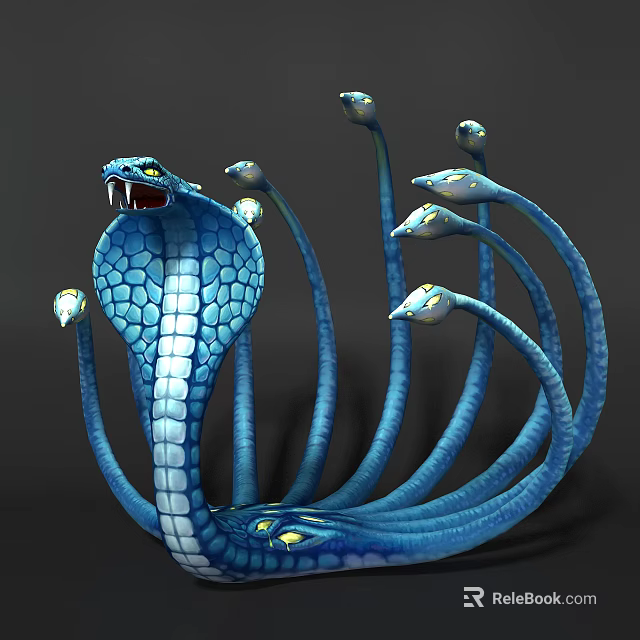 Game Movie Character Blue Multi Headed Serpent With Yellow Eyes And Sharp Fangs 3d model 