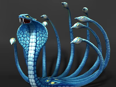 Game Movie Character Blue Multi Headed Serpent With Yellow Eyes And Sharp Fangs 3d model