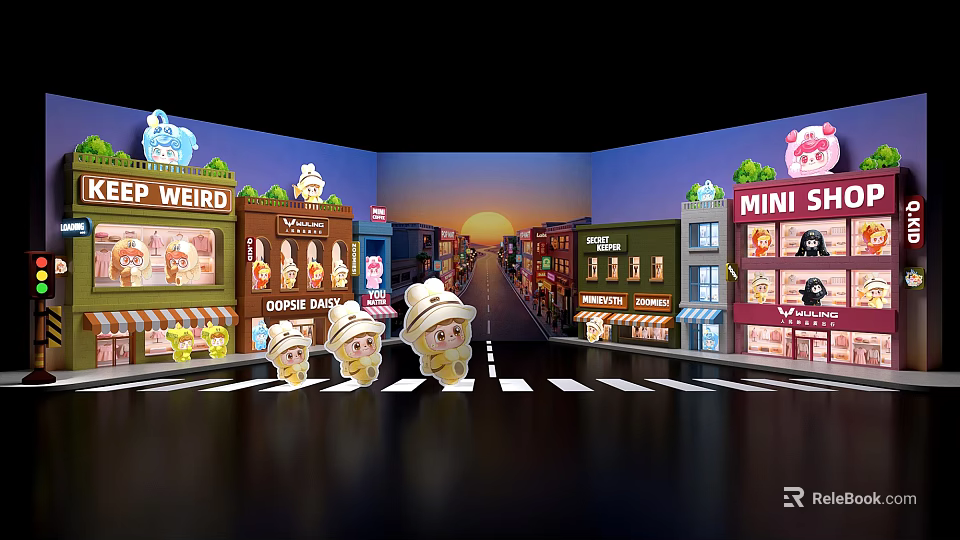 Colorful Cartoon Style Street Scene with Storefronts Ice Cream Characters and Sunset Photo Spot 3d model 