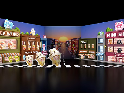 Colorful Cartoon Style Street Scene with Storefronts Ice Cream Characters and Sunset Photo Spot 3d model