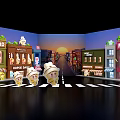 Colorful Cartoon Style Street Scene with Storefronts Ice Cream Characters and Sunset Photo Spot
