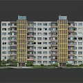 Multi Storey Residential Building With Windows Balconies Yellow Vertical Strips And Green Plants