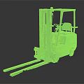 Worn Yellow And Green Industrial Forklift With Metal Forks And Cab