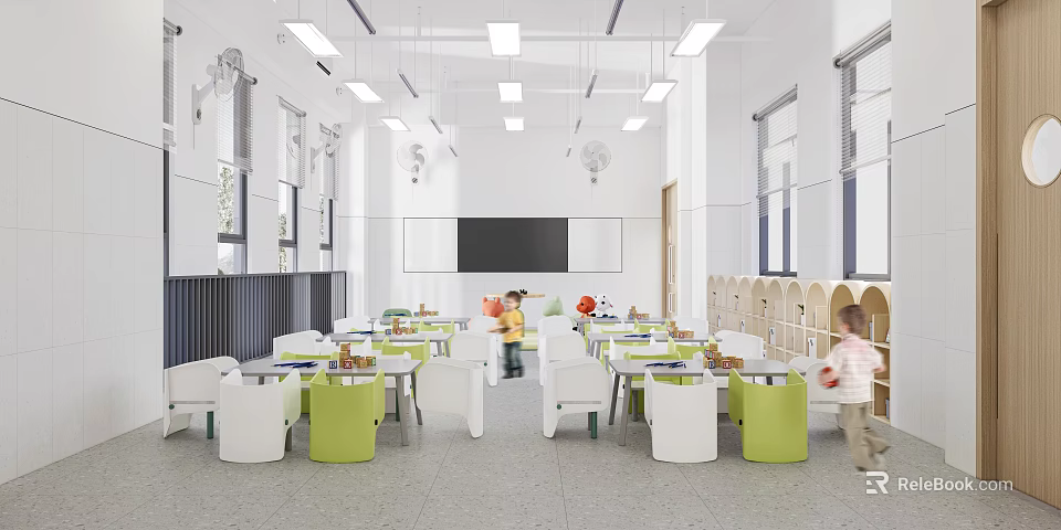 Kindergarten Classroom Interior With White Green Tables Chairs Blackboard And Active Children 3d model 