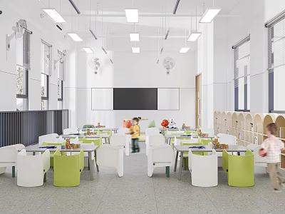 Kindergarten Classroom Interior With White Green Tables Chairs Blackboard And Active Children 3d model