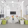Kindergarten Classroom Interior With White Green Tables Chairs Blackboard And Active Children