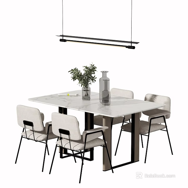 Modern Square Dining Table Set With White Tabletop Four Light Fabric Chairs And Pendant Light 3d model