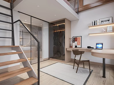Modern Study Room With Wooden Desk Laptop Glass Partition Gray Rug And Floating Shelves 3d model