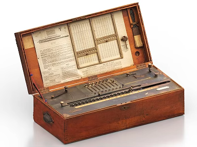 Vintage Industrial Equipment With Wooden Case Internal Mechanical Parts And Paper Sheets 3d model