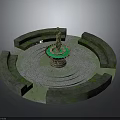 Circular Garden Fountain With Central Statue And Mossy Stone Ledges On Paved Ground