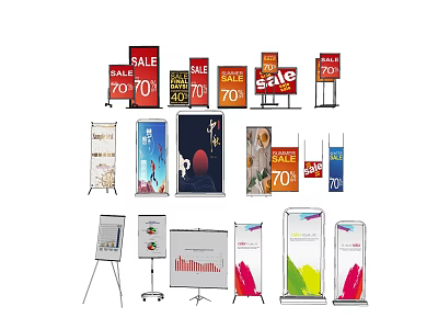 Various Promotional Billboards Featuring Sale 70% Off And Display Stands For Marketing Events 3d model