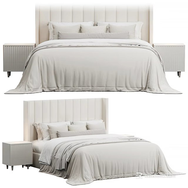 Elegant Double Bed With Paneled Headboard Light Colored Bedding And Matching Nightstands 3d model 