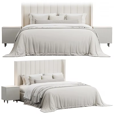 Elegant Double Bed With Paneled Headboard Light Colored Bedding And Matching Nightstands 3d model