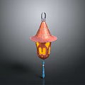 Copper Hanging Lantern With Carved Design Yellow Light And Blue Tassel 3d model