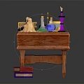 Wizardry Supplies on Wooden Table with Green Cloth Scroll Quill and Potion Bottles