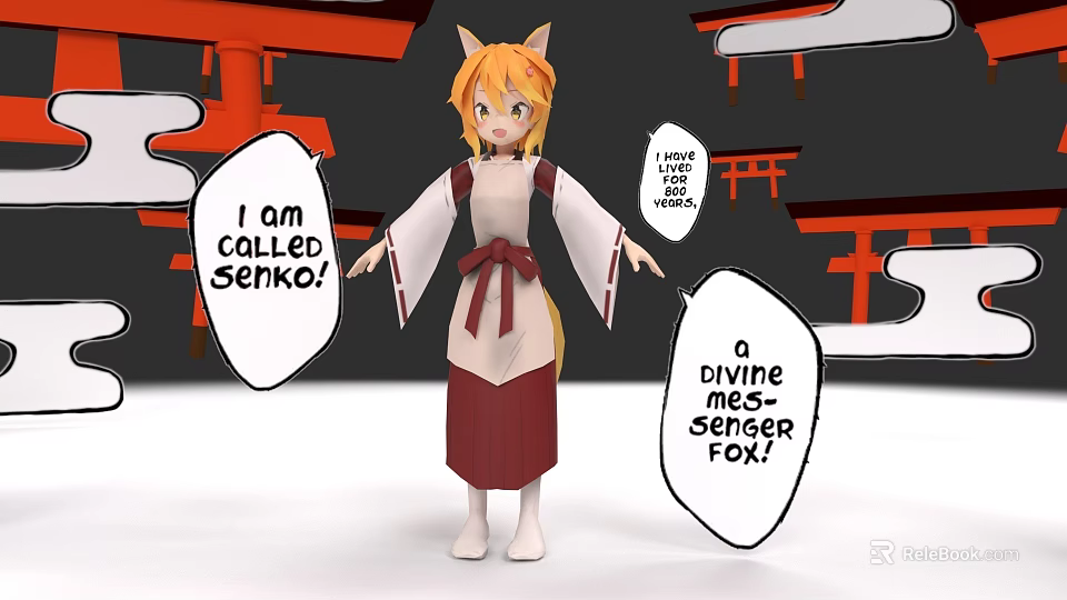Anime Game Character Senko As Divine Spirit Fox In Traditional Kimono With Torii Gates 3d model 